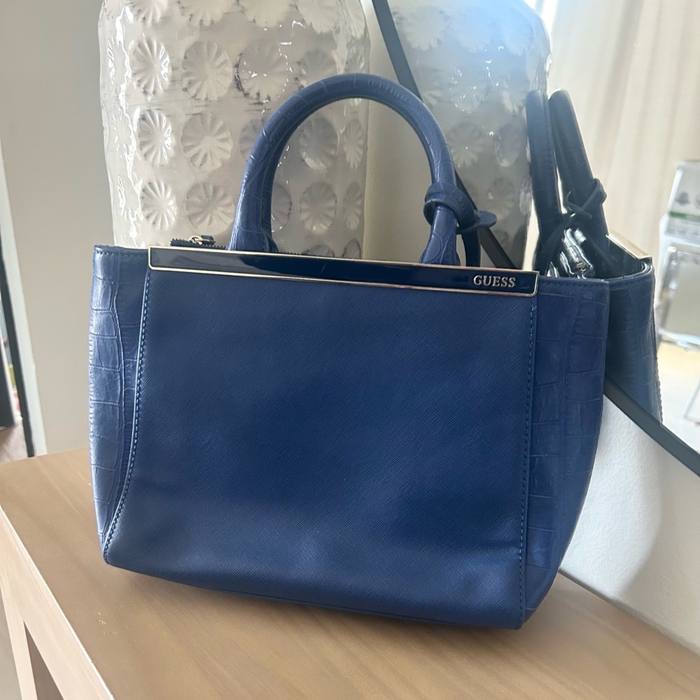 Y2K Guess Navy Blue Leather Purse Handbag Crocodile Embossed Side Panels